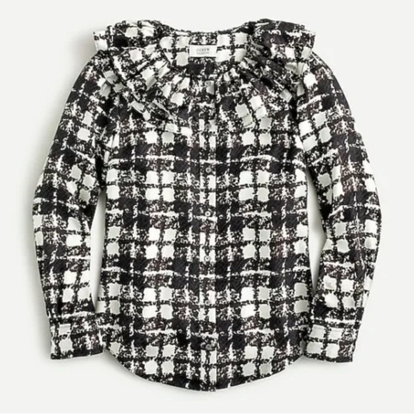 J. Crew Collection Silk Brown Plaid Ruffle Neck‎ Button Down Top Size Small NWOT - Picture 1 of 8